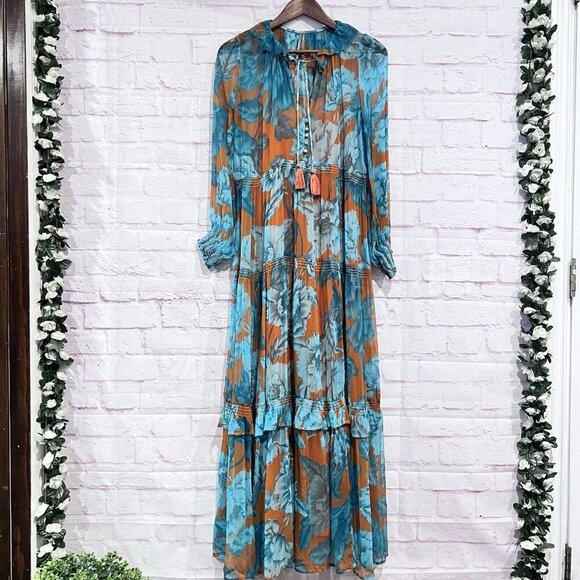 Anthropologie The Marais Floral Chiffon Maxi Dress Long Sleeves Boho Size XXS - Picture 2 of 13